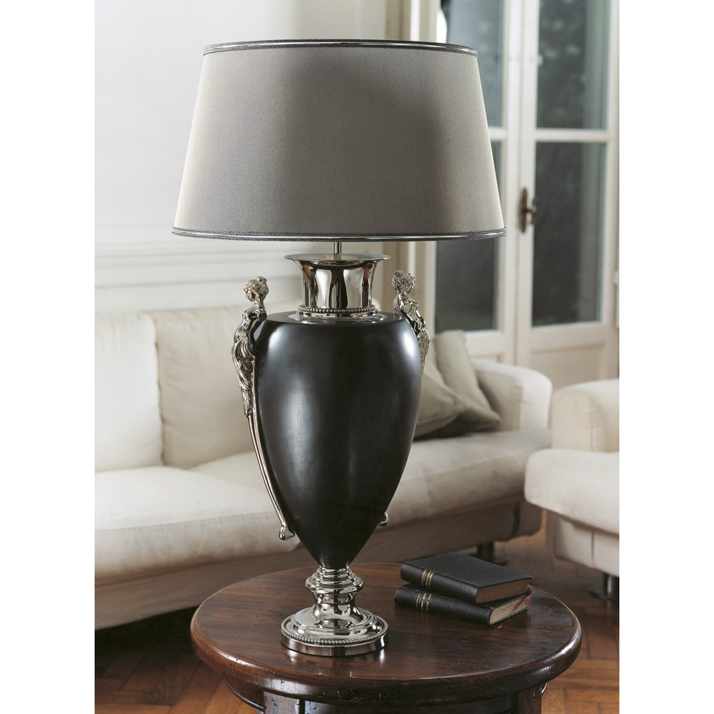 Majolica lamp with chromed brass Grey silver lamè lampshade